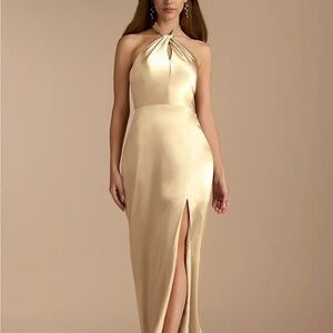 Azazie Gold A-Line Pleated Metallic Satin Dress